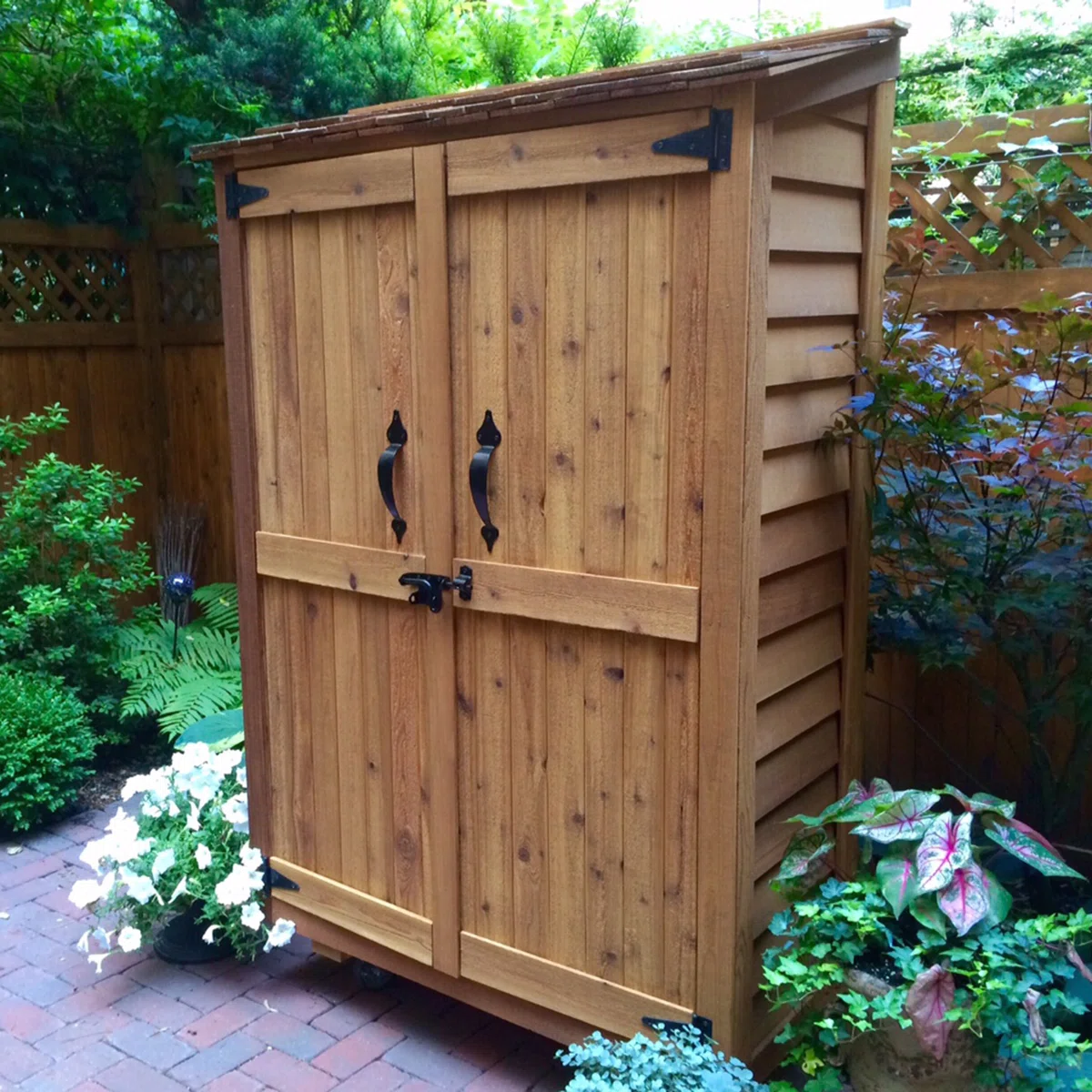 4 ft. W x 2 ft. D Garden Chalet Cedar Wood Tool Shed with Double Doors & Shelving - Image 5