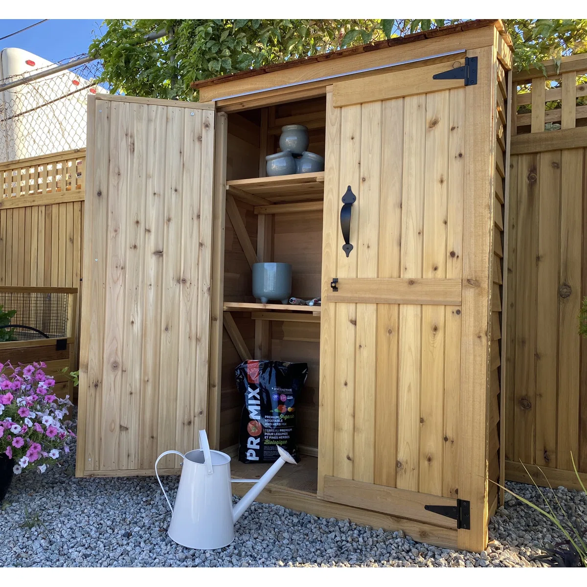 4 ft. W x 2 ft. D Garden Chalet Cedar Wood Tool Shed with Double Doors & Shelving - Image 2