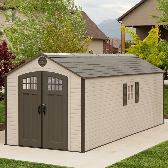 Lifetime 8 ft. x 20 ft. Resin Outdoor Storage Shed with Double Doors, Windows & Skylights – Beige/Brown - Image 6